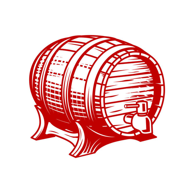Old wooden wine or beer barrel with faucet in engraving style, cask