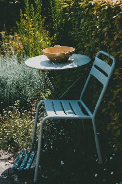 Güneşli bahçede demir sandalye ve masa