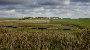 Ülke, çayırlar ve opal sahildeki tarlalar