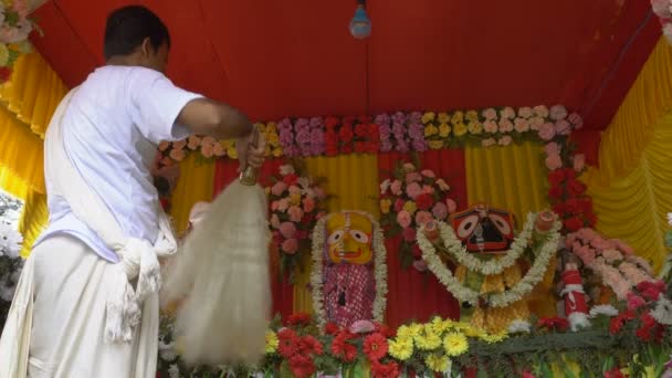 ハウラー 西ベンガル州 インド 7月7日2019 白の服を着たヒンズー教の司祭は ジャガナート バララム スヴォドラの偶像を崇拝していました ラタジャトラ祭りは インドの有名なヒンズー教の祭りの一つです — ストック動画