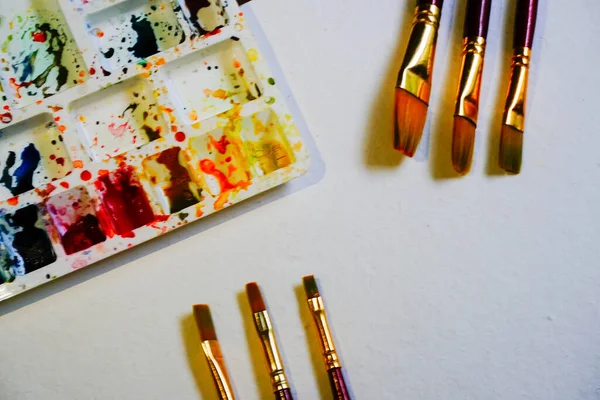 Watercolour Palette Brushes Copyspace Vibrant Colours Used Palette Shot Howrah — Stock Photo, Image