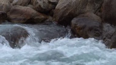 Su Joldhaka nehrinden akıyor, nehir manzarası Jhalong 'da çekiliyor, Batı Bengal, Hindistan' ın kuzeyinde bir yer olan Dooars 'da..