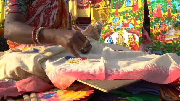 Ινδή Γυναίκα Ζωγραφίζει Ένα Σάρι Παραδοσιακό Ινδικό Φόρεμα Για Ένα — Αρχείο Βίντεο