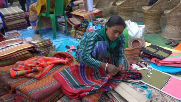 Kalkutta Westbengalen Indien Dezember 2018 Inderin Verkauft Bunte Matratzen Kunsthandwerk — Stockvideo