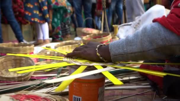 Artista India Tejiendo Artesanías Canasta Mimbre Artesanía India Famosa Por — Vídeos de Stock