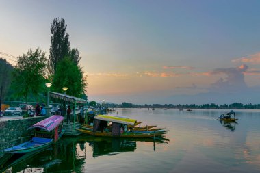 Shree Nagar, Jammu ve Kashmir, Hindistan-31 Ağustos 2014: Günbatımından sonra güzel Dal gölü, arka planda akşam gökyüzü ile suda yüzen yüzen yüzen yüzen yüzen yüzen yüzen yüzen tekneler. Dünyanın dört bir yanından önemli turistik cazibe merkezi..