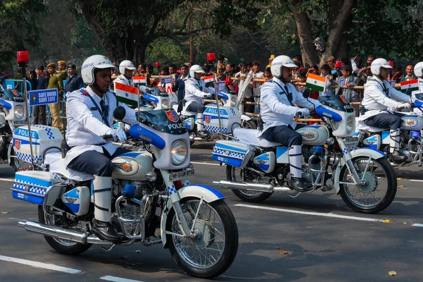 Kolkata, West Bengal, India - 26th January 2020 : West Bengal Police are marching past on their motorcycles, bike rally for India's republic day celebration. With safe drive save life message.