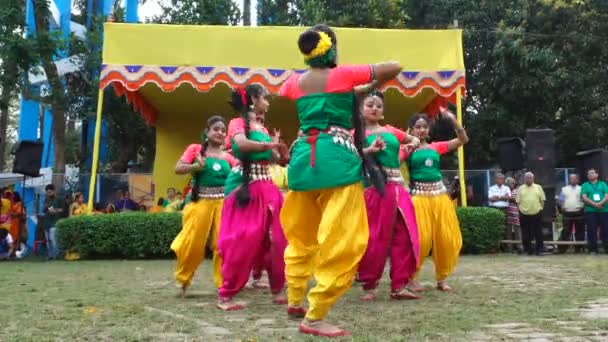 コルカタ 西ベンガル州 インド 2020年3月9日 カラフルな伝統的なインドのサリーを着た美しいベンガルの若い女の子のグループが ホリ祭りで踊っています 角度の低いビュー コルカタの春 — ストック動画