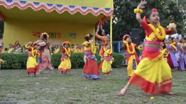 Kolkata, Batı Bengal, Hindistan - 10 Mart 2020: Sari giyimli dans eden Bengalli kızlar, geleneksel Hint elbisesi, Dol utsab veya Holi festivalinde sahne alıyorlar. Hindistan 'a baharın gelişini kutluyoruz..