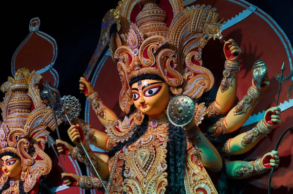 Dekoaterad Gudinna Durga Idol Durga Puja Festival Natten Skjuten Färgat — Stockfoto