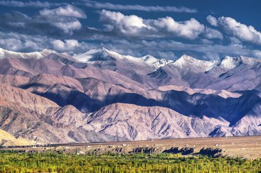 Arka planda buz zirveleri, bulutlu mavi gökyüzü, Ladakh, Jammu ve Kashmir 'in Rocky manzarası, Hindistan