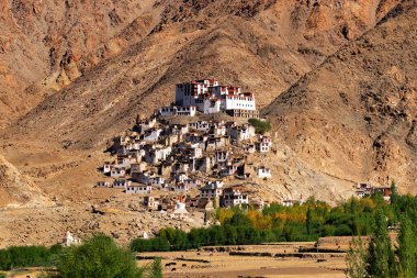 Arka planda Himalaya Dağları manzaralı Chimray Manastırı, Ladakh, Jammu ve Kashmir, Kuzey Hindistan