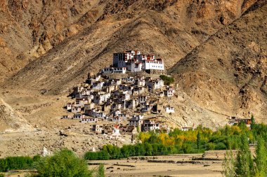 Arka planda Himalaya Dağları manzaralı Chimray Manastırı, Ladakh, Jammu ve Kashmir, Kuzey Hindistan