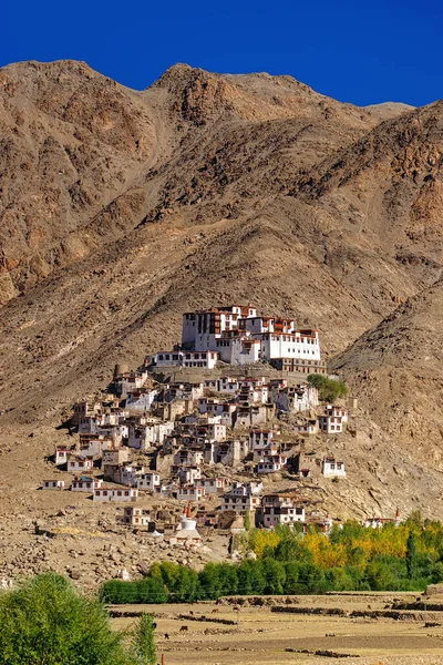 Arka planda Himalayalı dağcıları dikey gören Chimray manastırı, Ladakh, Jammu ve Kashmir, Kuzey Hindistan