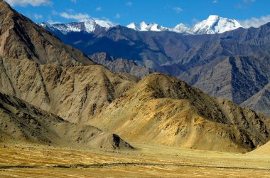 Arka planda buzdan zirveler bulunan Rocky manzarası, Ladakh, Jammu ve Kashmir, Hindistan