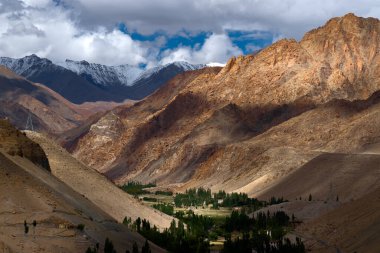 Ortasında yeşil vadi olan Ladakh 'ın güzel kayalık manzarası Himalaya dağlarında ışık ve gölge oyunu. Birlik toprakları, Ladakh, Hindistan