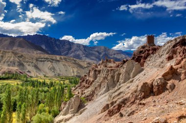 Kalıntılar ve Basgo Manastırı taş ve taşlarla çevrili, Leh, Ladakh, Jammu ve Kashmir, Hindistan