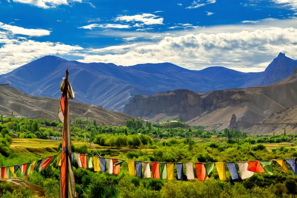 Buddhist Religious Flags Play Light Shadow Mountains Mulbekh Himalayan Mountains — Stock Photo, Image