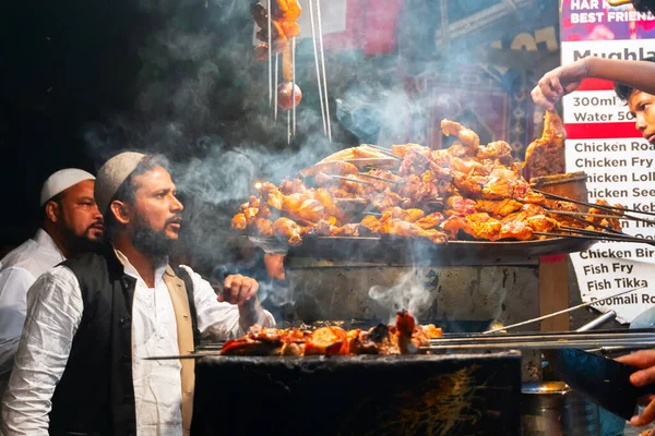 Old Market New Delhi Indien Oktober 2018 Würzige Hühnchen Kababs — Stockfoto