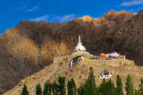 Shanti Stupa Med Utsikt Över Himalaya Berg Och Blå Himmel — Stockfoto