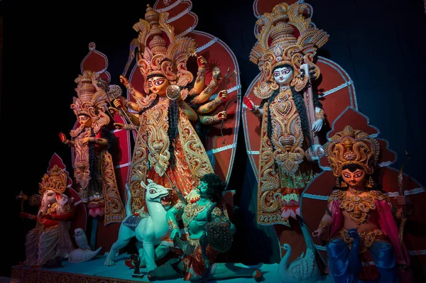 Θεά Durga Είδωλο Την Οικογένειά Της Durga Puja Φεστιβάλ Βράδυ — Φωτογραφία Αρχείου