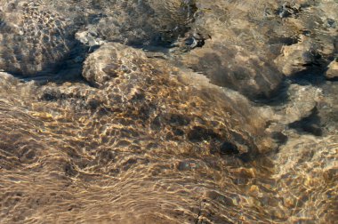 Güneş ışınları su altındaki taş ve kayalardan yansıyarak güzel soyut doğal desenler oluşturur. Görüntü: Reshi Nehri, Sikkim, Hindistan
