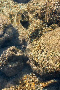 Reshi Nehri 'nin sualtı taşları ve kayaları üzerindeki güneş ışığının yansıması. Reshi, Sikkim 'in Himalayalar' daki en ünlü nehirlerinden biridir ve birçok yerel insana su verir..