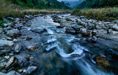Reshi Nehri 'nin suyu şafak vakti taşlarda akıyor, Sikkim, Hindistan