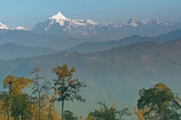 Vacker Utsikt Över Silerygaon Village Med Kanchenjunga Bergskedja Bakgrunden Morgonljus — Stockfoto