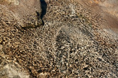 Reshi Nehri 'nin sualtı taşları ve kayaları üzerindeki güneş ışığının yansıması. Reshi, Sikkim 'in Himalayalar' daki en ünlü nehirlerinden biridir ve birçok yerel insana su verir.. 