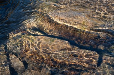 Reshi Nehri 'nin sualtı taşları ve kayaları üzerindeki güneş ışığının yansıması. Reshi, Sikkim 'in Himalayalar' daki en ünlü nehirlerinden biridir ve birçok yerel insana su verir.. 
