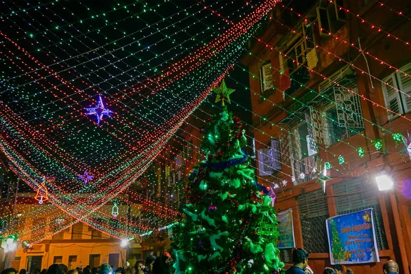 Kolkata West Bengal India Декабря 2017 Большая Рождественская Елка Освещается — стоковое фото