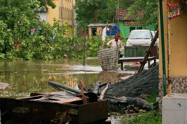 Howrah, West Bengal, India - 21st May 2020 : Remains of a devastated shop, destroyed by Super cyclone Amphan. Few structures could survive the storm.