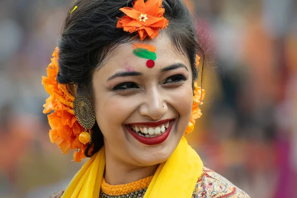 Kolkata India Március 2018 Portré Lány Táncos Öltözött Sari Hagyományos — Stock Fotó