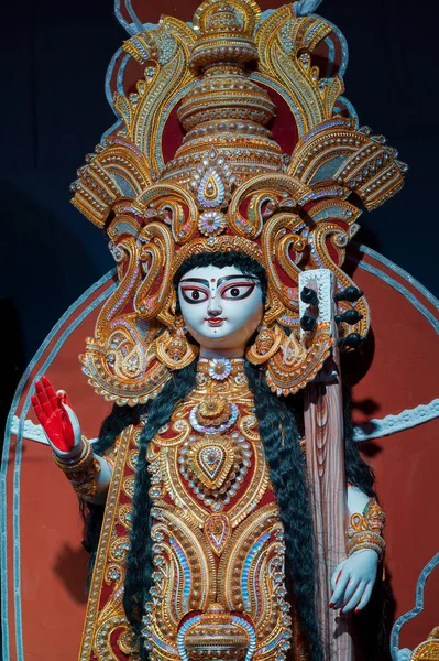 Богиня Сарасваті Ідол Фестиваль Дурга Пуджа Вночі Розстріляний Під Кольоровим — стокове фото