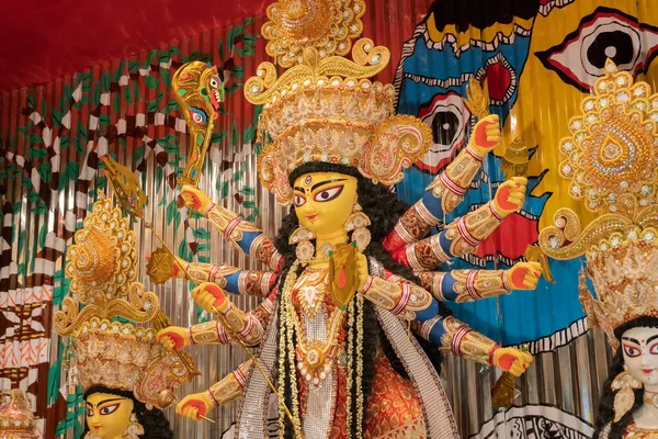 Bogini Durga Idol Udekorowanym Durga Puja Pandal Zastrzelony Kolorowe Światło — Zdjęcie stockowe