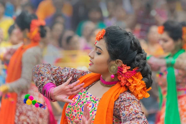 Kolkata Hindistan Mart 2018 Bahar Festivali Makyajlı Güzel Bengalli Kızlar — Stok fotoğraf