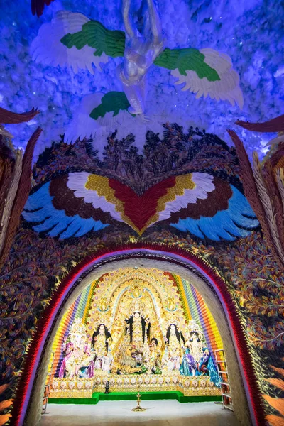 Nattbild Dekorerad Durga Puja Pandal Skjuten Färgat Ljus Kolkata Västbengalen — Stockfoto