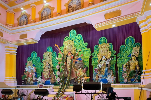 Kolkata Hindistan Ekim 2018 Renkli Işıkta Çekilen Dekore Edilmiş Durga — Stok fotoğraf