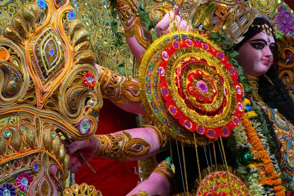 Deusa Durga Ídolo Decorado Durga Puja Pandal Filmado Luz Colorida — Fotografia de Stock