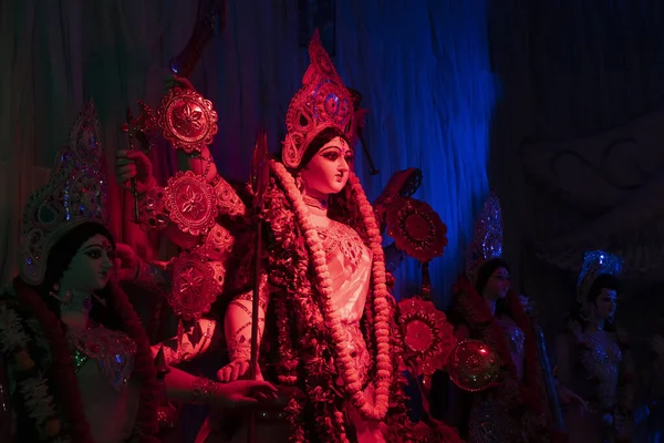 Обличчя Богині Дурґи Ідол Прикрашений Пандалом Дурґа Пуджа Знятий Кольоровому — стокове фото