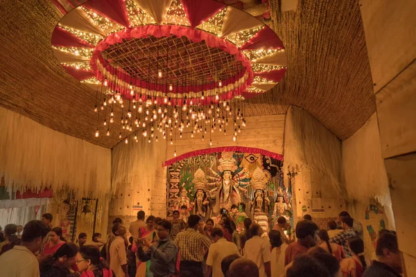 Kolkata India Wrzesień 2017 Nocny Obraz Zdobionego Pandalu Durga Puja — Zdjęcie stockowe