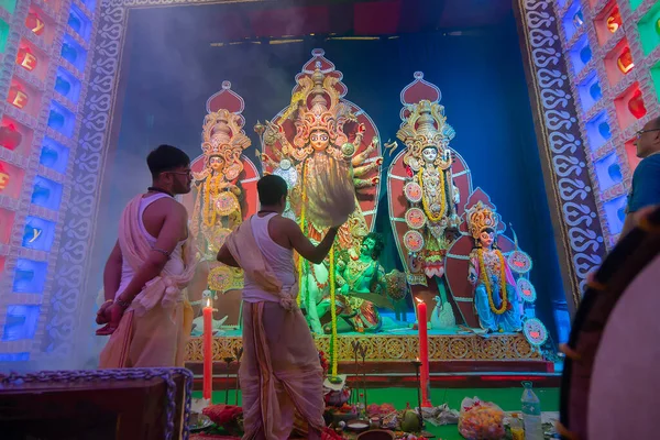 Howrah Bengala Ocidental Índia Outubro 2019 Dhaakis Tradicionais Estão Jogando — Fotografia de Stock