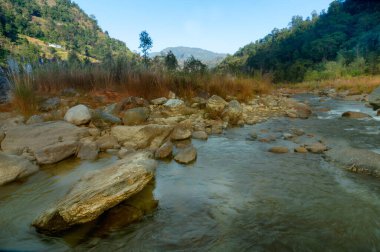Şafakta taşların ve kayaların arasından akan güzel Reshi Nehri suyu, Sikkim, Hindistan. Reshi, Sikkim 'in en ünlü nehirlerinden biridir. Eyalette akar ve birçok yerel insana su verir..