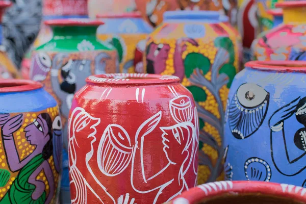 Potes Terracota Coloridos Brilhantes Obras Artesanato Exposição Durante Feira Artesanato — Fotografia de Stock