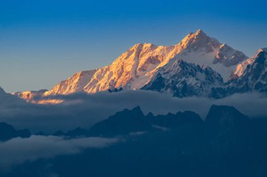 Kanchenjugha Dağı, Himalaya sıradağları, Sikkim, Hindistan 'da günbatımından güzel bir son ışık. Alacakaranlıkta dağların renkleri