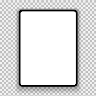 Yeni gümüş tablet tasarımı trend ince çerçeve tarzında ve gölgesi şeffaf arkaplanda izole edilmiş. Vektör illüstrasyonu