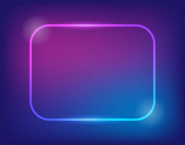 Neon işareti. Dikdörtgen ışık pankartı ve boş alan. Koyu mavi ve pembe arkaplanda elektrikli dikdörtgen çerçeve. Işıklar ve parıltılarla dolu, düzgün açılı arka plan. Vintage vektör illüstrasyonu