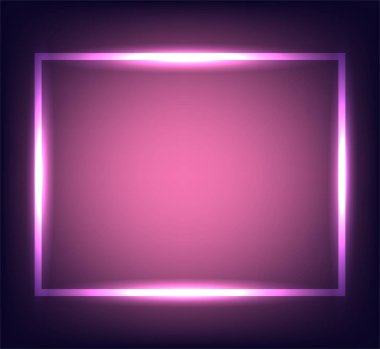 Neon işareti. Dikdörtgen ışık pankartı ve boş alan. Koyu pembe arkaplanda elektrikli dikdörtgen çerçeve. Fişekler ve parıltılarla dolu, düzgün açılı arka plan. Vintage vektör illüstrasyonu