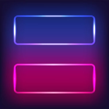 Neon işareti. Dikdörtgen ışık pankartı ve boş alan. Koyu mavi ve pembe arkaplanda elektrikli dikdörtgen çerçeve. Işıklar ve parıltılarla dolu, düzgün açılı arka plan. Vintage vektör illüstrasyonu